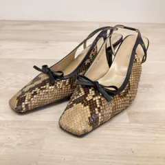銀座かねまつ GINZA Kanematsu パンプス 24.5cm パイソン柄/蛇柄 リボン バックストラップ ベージュ/ブラック C 7017[OK05834]
