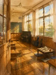 A3サイズ c1453 水彩画調 ノスタルジックな夕暮れの教室と音楽室 アートポスター インテリア 額装