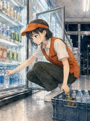 2Lサイズ c1454 夜のコンビニで商品を補充する制服姿の女性 水彩画風 アートポスター 額装に最適