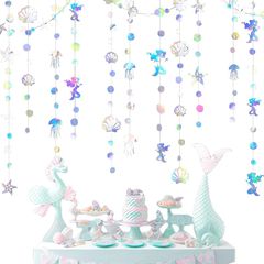 [Brand New] Sea Creatures Garland - Set of 4 - Decorations: Mermaids, Seashells, Starfish, Jellyfish - Paper Garland - Glittery - Perfect for Birthdays, Weddings, Christmas, Parties, Wall Decor, Kindergarten Decorations (Aurora B)