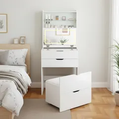 OSJ ドレッサー 2WAY LED女優ミラー 3色調光 ガラス扉収納 コンセント USBポート 引き出し 大容量 スツールセット メイク台【2WAY天板】