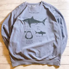 【希少アニマル】GREAT WHITE SHARK SWEATSHIRT グレートホワイトシャーク グレー ホホジロザメ サメ図鑑プリント アニマル クルーネックスウェット 古着 #G26049