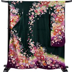 美品】 振袖 身丈163cm 裄丈67.5cm L 袷 牡丹 桜 金糸 染め分け 深緑