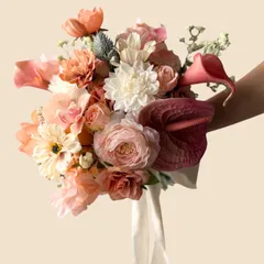大人可愛いピーチピンクのウェディングブーケ☆ブートニアつき　結婚式　アーティフィシャルフラワーブーケ