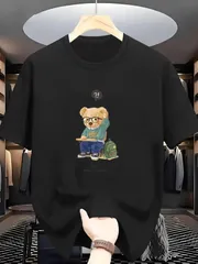 【送料無料】メガネの通学くまプリントTシャツ Just stay curiousのメッセージ入り くま好き必見！さりげない学院風レトロ感がおしゃれ 普段使いから通学まで万能 ホワイト・ブラック全2色 新品 男女兼用 メンズ&レディース