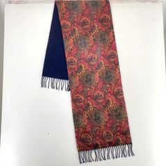 美品 PIERRE BALMAIN/ピエールバルマン マフラー/ショール ネイビー×レッド系 総柄 フリンジ付き[OP01083]
