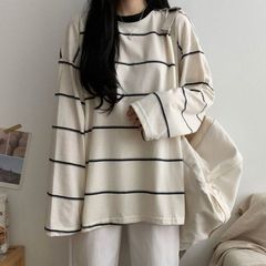 ボーダー Tシャツ 未使用 長袖 レディース 春 秋 ロンT カットソー ボーダー柄 インナー トップス クルーネック ゆったり オーバーサイズ ビッグシルエット 体型カバー 韓国ファッション カジュアル かわいい おしゃれ haojiang61