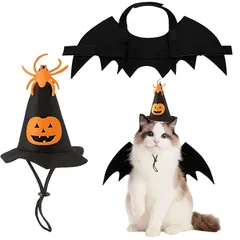 猫 服 2点セット おもしろコスプレ 猫 被り物 猫の服 ハロウィン用 猫用 コスチューム ペットのハロウィンイベント ペットロールプレイング（羽*1、帽子*1、リボンネックレス*1） (C)