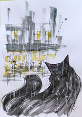 原画#640 雨 黒猫 パリ フランス 水彩画 ドローイング インテリア