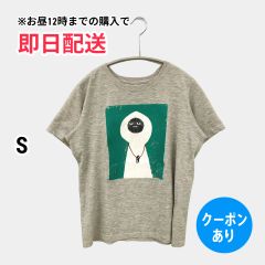 Tシャツ/カットソー S グレー 無地 前面プリント ミドル丈 半袖 クルーネック(丸首) レディース