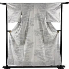 紬 身丈156cm 裄丈64cm M 袷 ますいわ屋 樹木 灰白 正絹 秀品 【中古】