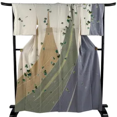 訪問着 身丈165cm 裄丈67.5cm L 袷 落款 蔦 斜縞 染め分け クリーム 正絹 名品 【中古】