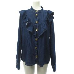 ザラ ZARA フリルシャツ コットン 長袖 バンドカラー インディゴ M 