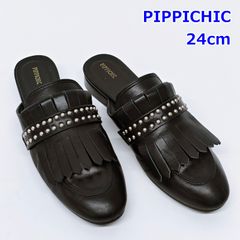 PIPPICHIC スタッズ ミュール 24cm サイズ 37 ブラック サンダル キルトフリンジ ピッピシック R2609-142