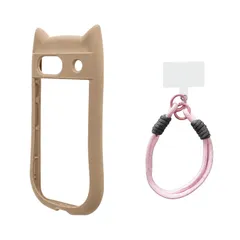 Google Pixel 9a 対応 猫耳 クリアケース ナイロン ハンドストラップ セット TPU+PC 背面透明 手首用 約30cm 透明ホルダー付き ケース:ブラウン / ストラップ:ピンク×グレー