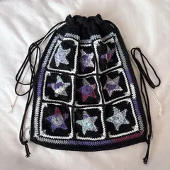 【ハンドメイド・完成品】ナップサック　リュック　バッグ　ウィッシュコア　星　スター　star 黒　紫　グレー　ブラック　 新着