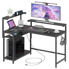 【モニター台2個付き・棚板高さ調節可能】LunarLight PCパソコンデスク 幅130奥行80高さ72? コンセントとフック付き テレワーク