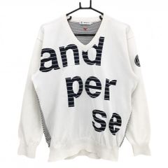 【超美品】アンパスィ セーター 白×ネイビー 後ろ身頃ボーダー Vネック ニット メンズ LL ゴルフウェア and per se