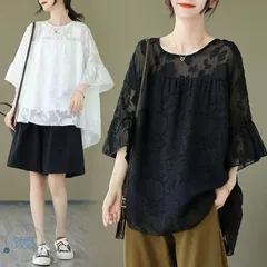 チュニック 大人可愛い チュニック ブラウス 七分袖 ボリューム袖 トップス 透け感 夏 チュール ブラウス チュニック 大きいサイズ ゆったり 体型カバー 森ガール ふんわり 柔らかい 五分袖 トップス ファ#gsqgs