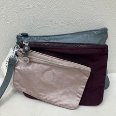 8088　【タグ付き】　KIPLING キプリング　リストレットポーチ　3連ポーチ　フラットポーチ　メタリックピンク　ボルドー　メタリックグレー　メタルカラー　レディース　軽量　IAKAL WRISTLET　STEEL GR METAL