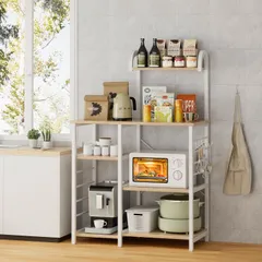 Alebert キッチンラック レンジ台 食器棚 Lサイズ 幅88cm ベージュ/白 6段収納 強化スチールフレーム 高耐荷重