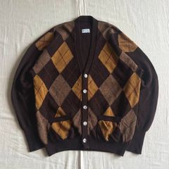 希少　～80s　vintage　HAND INTARSIA　ハンドニット　インターシャ編み　MADE IN GT. BRITAIN　英国製　メリノウール100％　アーガイルチェック柄　長袖ニットカーディガン　ブラウン系　一点物　アメカジ　プレッピー　グランジ