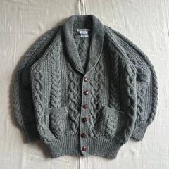 80～90s　vintage　DEUX BATH PALIER　PURE WOOL　ウール100%　ショールカラー　へちま襟　ケーブル編み　3Dハンドニットジャケット　肉厚カーディガン　グレー　一点物　フリーサイズ　アメカジ　グランジ　プレッピー　グランパコア