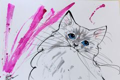 原画#643 猫 水彩画 ドローイング インテリア アート 絵 イラスト 動物