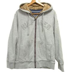☆TOMMY HILFIGER トミーヒルフィガー フード裏ボア ビッグロゴ刺繍 ジップアップ パーカー L グレー アメカジ メンズ