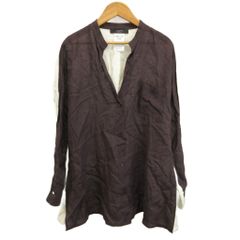 マックスマーラ ウィークエンドライン MAX MARA WEEKEND LINE シャツ 麻 リネン 38 茶 ブラウン 白 ホワイト ノーカラー 長袖 胸ポケット /RS ■GY06