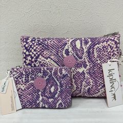8474　【タグ付き】　KIPLING キプリング　ポーチ　コインケース　2点セット　小銭入れ　Snake Pink　スネークピンク　パイソン柄　ヘビ柄　アニマル柄　ピンク　ラベンダー　パープル　レディース