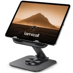 【15mm薄く収納】Lamicall タブレット スタンド : 360度回転ベース ipad スタンド 折りたたみ 18mm厚さに対応 アルミニウ製 角度調節アーム たぶれっと すたんど 卓上 縦 横置き台 軽量 超薄 持ち運び 動画 ゲーム 生放送 部屋 社