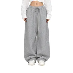 [ReiLuana] スウェット パンツ レディース ワイド ダンス ストリート ゆったり ハイ ウエスト ドロースト リング ロング ルームウェア [グレー] [L]