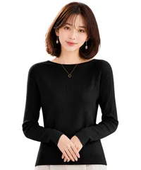 [グリーンパキラ] ニットセーター レディース 秋冬 春 ボートネック カシミアタッチ トップス リブニット 長袖 黒（M, ブラック） [ブラック] [M]