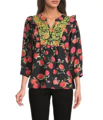 カレッサ レディース トップス シャツ Vネック フラワー柄 刺繍 フラワー Calessa Embroidered Floral Round Split VNeck 34 Sleeve Tunic
