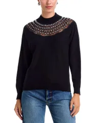 ティー・タハリ レディース アウター ニット・セーター モックネック Tahari Crystal Embellished Yoke Mock Neck Sweater Black ブラック