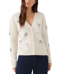 カレンケーン レディース アウター カーディガン セーター Karen Kanembellished Rhinestone Cardigan Sweater Ecru エクリュ
