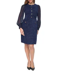 エリザジェイ レディース トップス ワンピース ツイード コントラスト Eliza J Tweed Jewel Neck Contrast Sleeve Sheath Dress Navy ネイビー