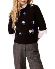 マージュ レディース アウター ニット・セーター フラワー柄 ウール 刺繍 フラワー Maje Floral Embroide red Wool Blend Sweater Brown ブラウン