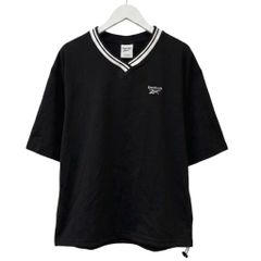 リーボック Reebok カットソー Tシャツ Vネック リブ ロゴ 刺繍 半袖 M 黒 ブラック /MZ ■ECB007