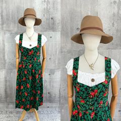 チロリアンワンピース グリーン 花柄 ローズ柄 前ボタン ノースリーブ レトロ古着 floral print vintage dress