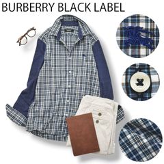 バーバリー ブラックレーベル BURBERRY BLACK LABEL 長袖 切替 デザイン シャツ ラウンドヘム ナイトロゴ 刺繍 2 チェック ネイビー ブリティッシュ シティールック メンズ