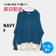 NAVY ネイビー ニット セーター F ブルー コットン ニット 無地 長袖 ロング丈 クルーネック 丸首 レディース
