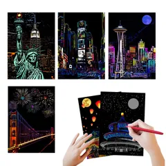 [sunbobby]スクラッチアート 世界の名所 A4サイズ 削り絵 4枚セット 木製ペン付き 大人 子供 お絵かき アート ストレス解消 (アメリカ) [アメリカ]