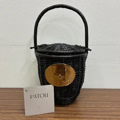 （b12063）PATOU パトゥウィッカー バケツバッグ かご ブラック ゴールド仕上げ 真実の口 Bocca della Verità メタルプレート ワンハンドル 手作業 編み込み ブランド