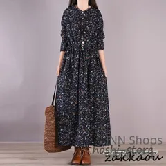 【新品未使用】花柄ワンピース30代レディース秋物 リネンワンピース 綿麻風 シャツワンピース ロングワンピース ミモレ丈 長袖ワンピース 秋ワンピース リボン付き 大人