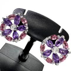アメジスト 0.59×2ct ピンクトルマリン 0.36×2ct ダイヤモンド 0.03×2ct ピアス K18WGホワイトゴールド 18金 /K14WGホワイトゴールド 14金 5.2g レディース 【中古】【真子質店】【NN】