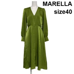 ◆ マレーラ MARELLA ロングワンピース フレアワンピース 長袖 Vネック Aライン ドレープ トップス グリーン 40 M 9号 レディース S6K345