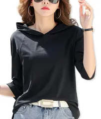 [ハベリィ] パーカー Tシャツ カットソー フード 付き 半袖 薄手 6分袖 フーディー レディース トップス 無地 インナー ハンソデ カジュアル オシャレ ランニング ルーム ウエア ウェア ワンマイル ウエアー ウェアースポーツ  [ブラック] [M]