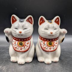 【薬師窯】陶彩万福唐草招き猫（小）一対ペア 右手・左手 縁起物 置物 ●■М